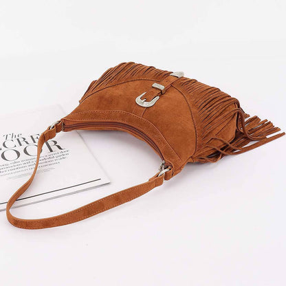 Faux suede Metal Buckle Fringe Bag: BUR