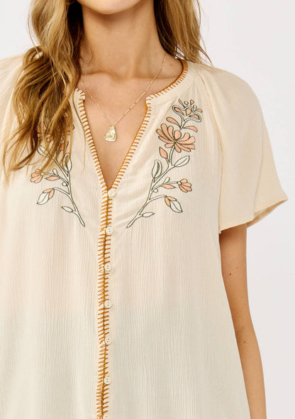 Apricot Blanket Stitch Embroidered Gauze Top: Tea Dye
