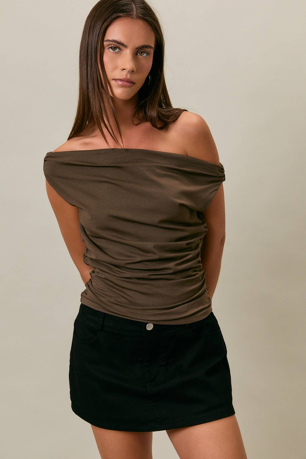Worthington Off the Shoulder Top with Ruching: Chocolate