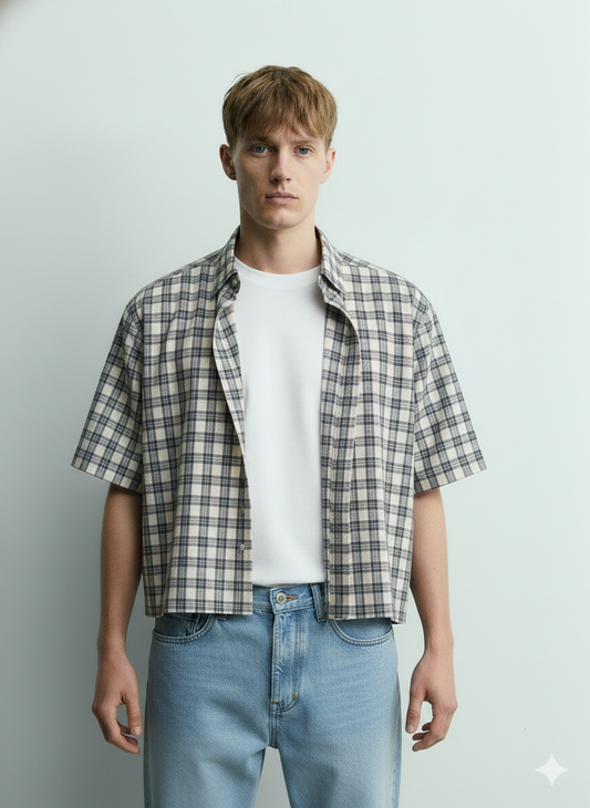 90s Checkered Boxy Fit Shirt (Beige)