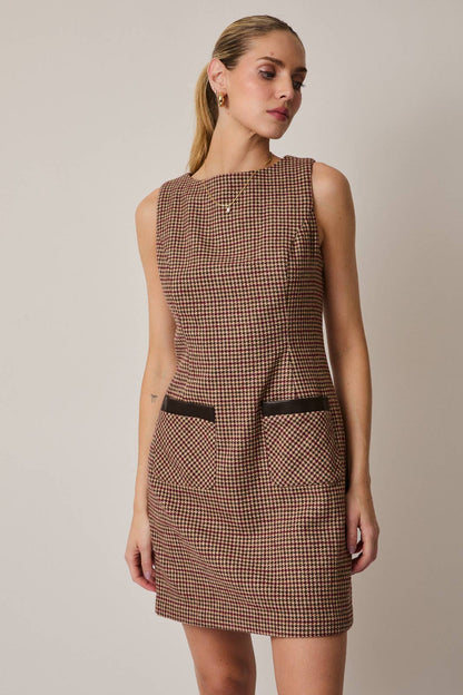 Hearth Houndstooth Mini Dress: Taupe