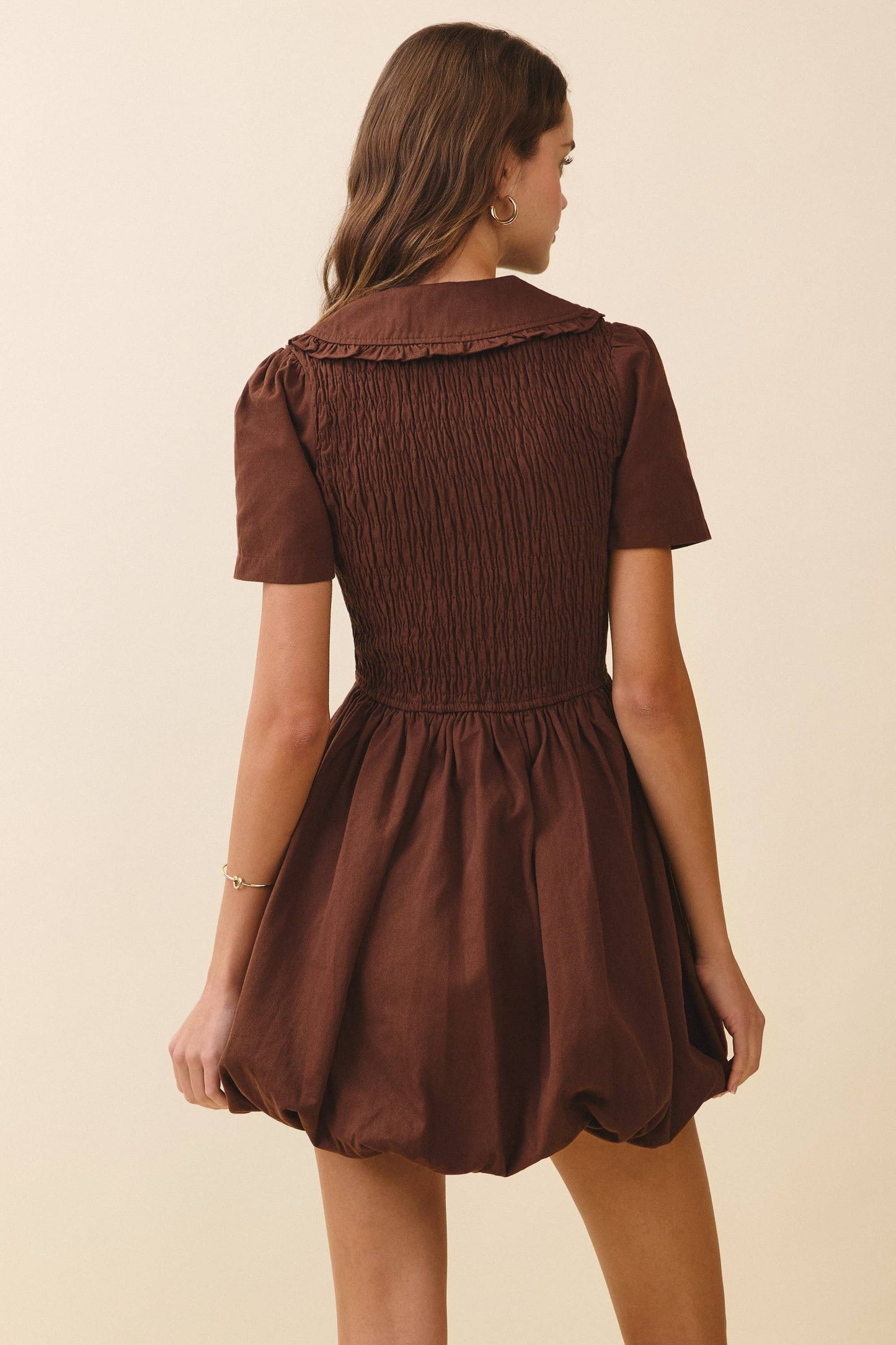 Lila Short Puff Sleeve Shirred Bodice Bubble Dress: Brown