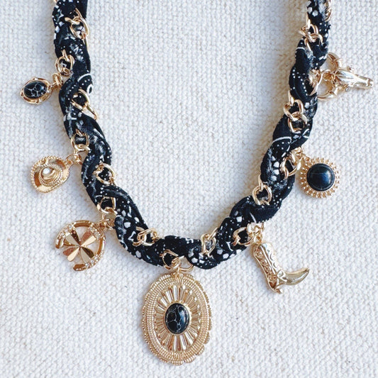 Wild West Desert Charm Scarf Necklace: Black