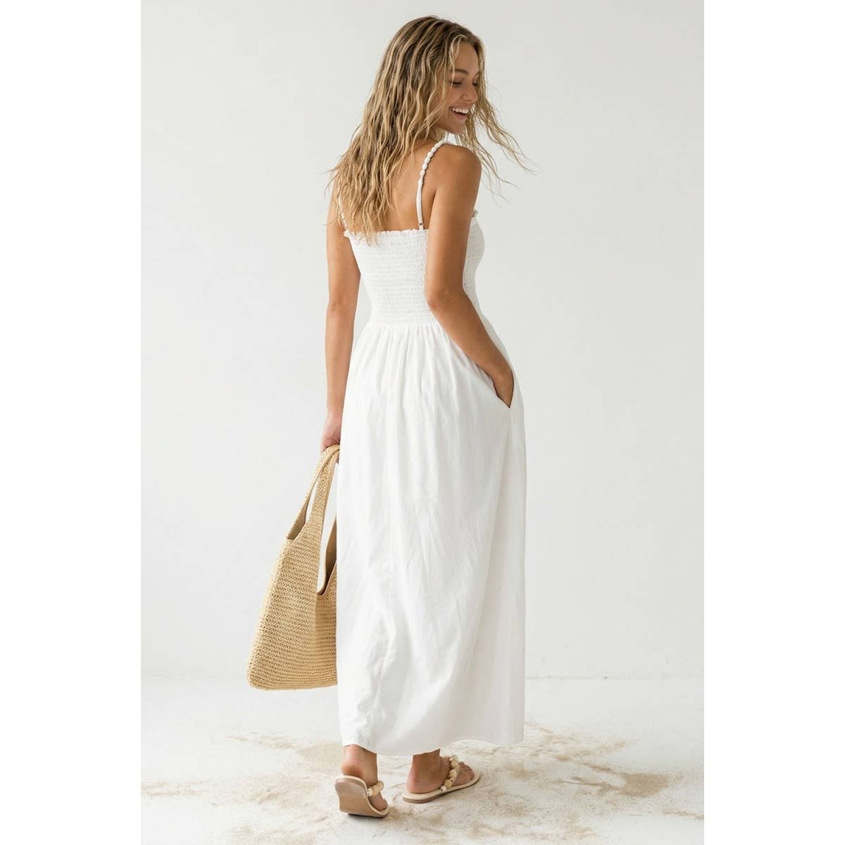 Pom Pom Smocking Maxi Dress: Off White