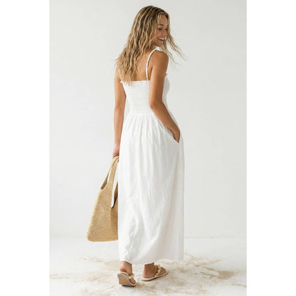 Pom Pom Smocking Maxi Dress: Off White