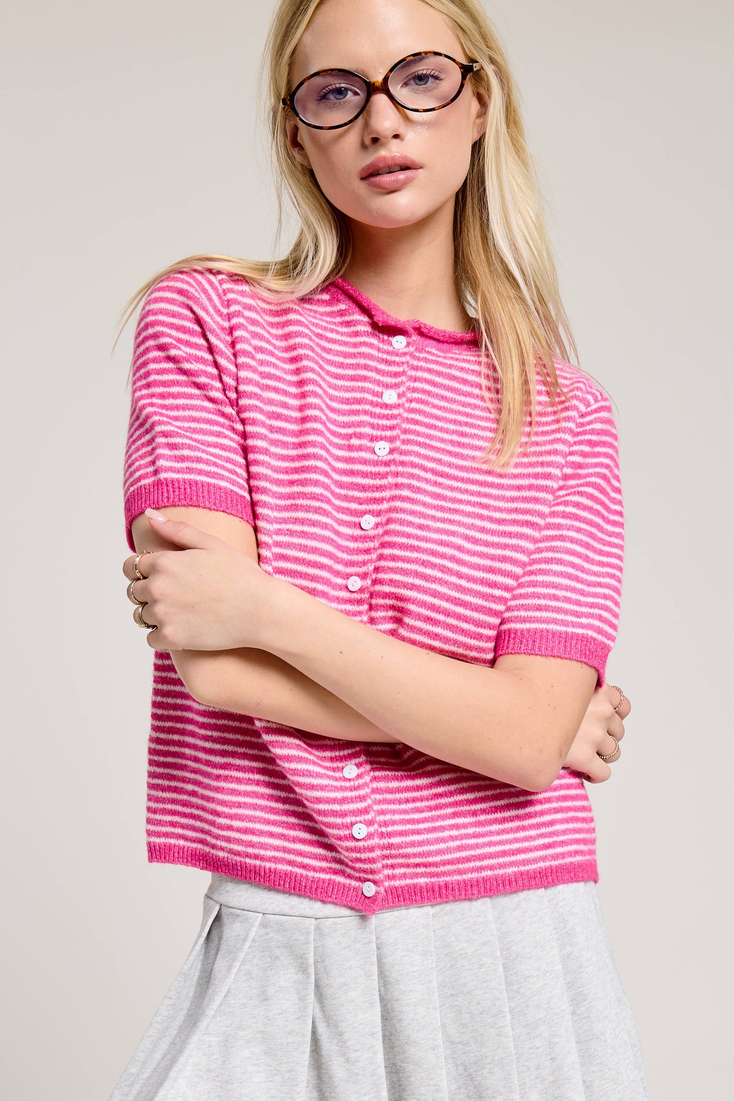 Mae Striped Short Sleeve Button Cardigan: Hot Pink
