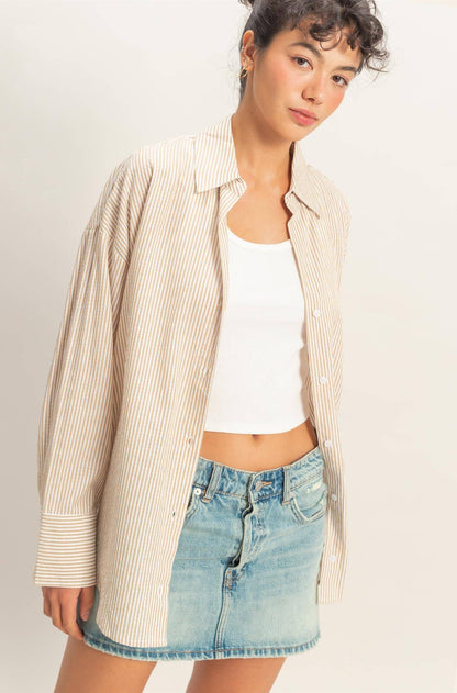 The Parker Striped Button-Up Shirt: TAUPE