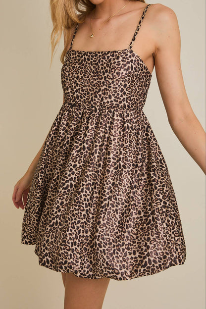 SPG Strap Bubble Hem Leopard Mini Dress: Tan-Black Leopard