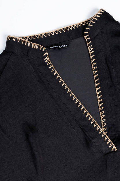 Whipstitch Drop Shoulder Regular Blouse: Black