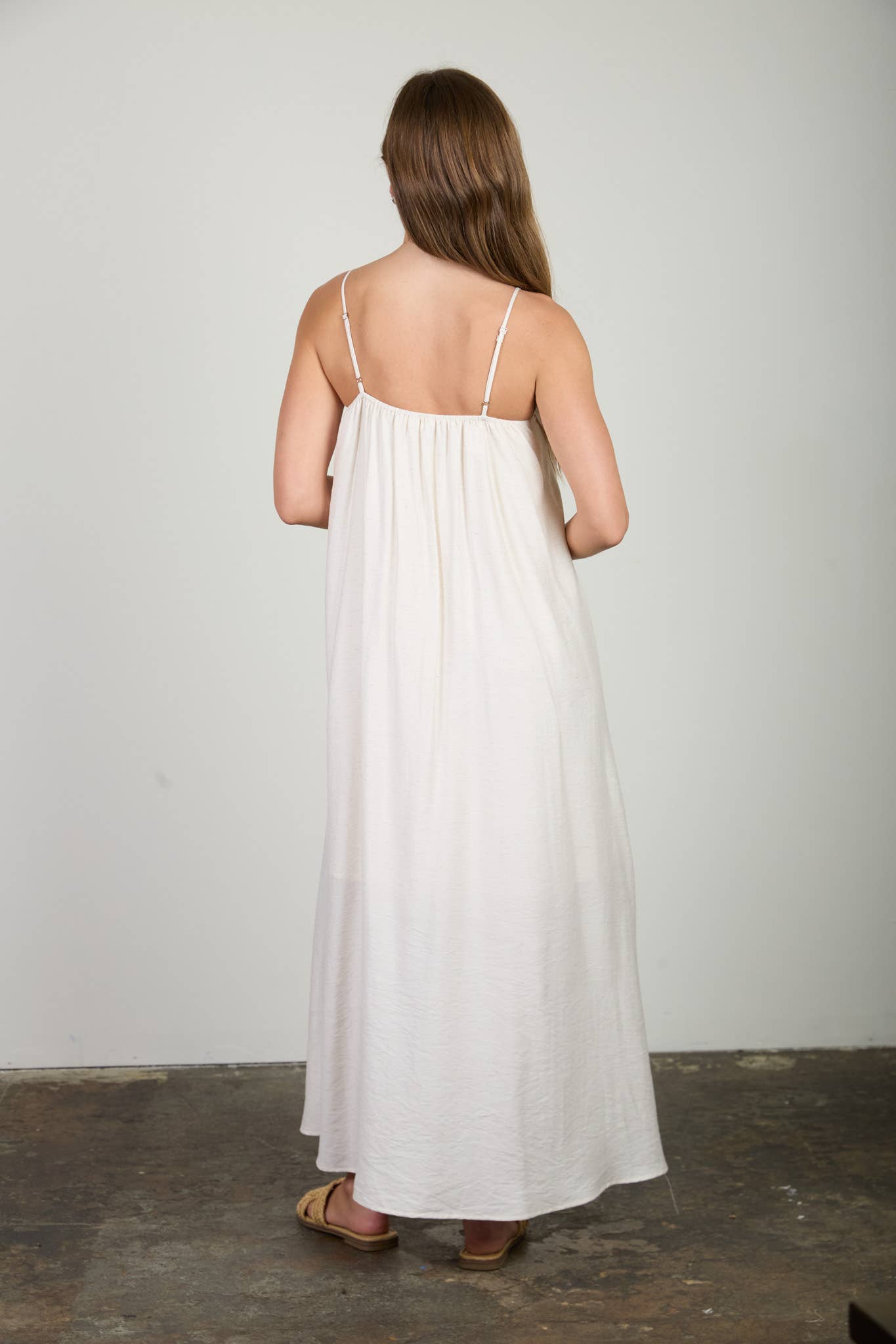 Luna Pleated Pintuck Detail Spaghetti Strap Maxi Dress: Natural