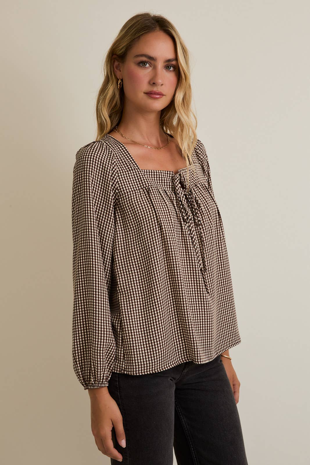 Maggie Square Neck Front Tie Long Sleeve Check Top: Brown Cream