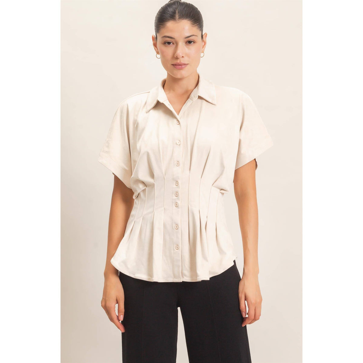 Suede Button-Down Blouse: CAMEL / S-M-L(2-2-2)