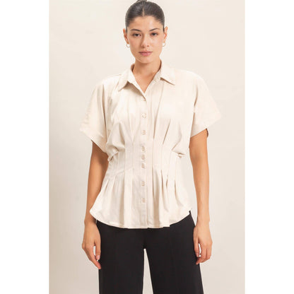 Suede Button-Down Blouse: CAMEL / S-M-L(2-2-2)