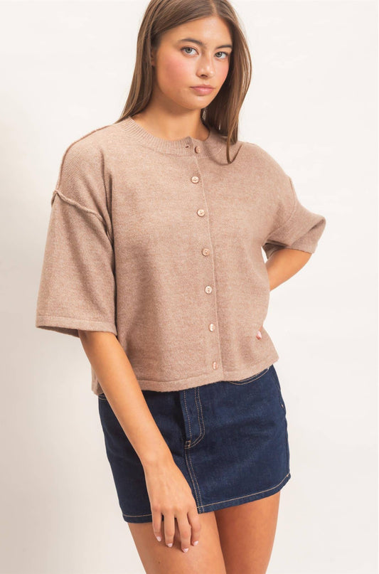 Ada Short Sleeve Cardigan: Dark Taupe