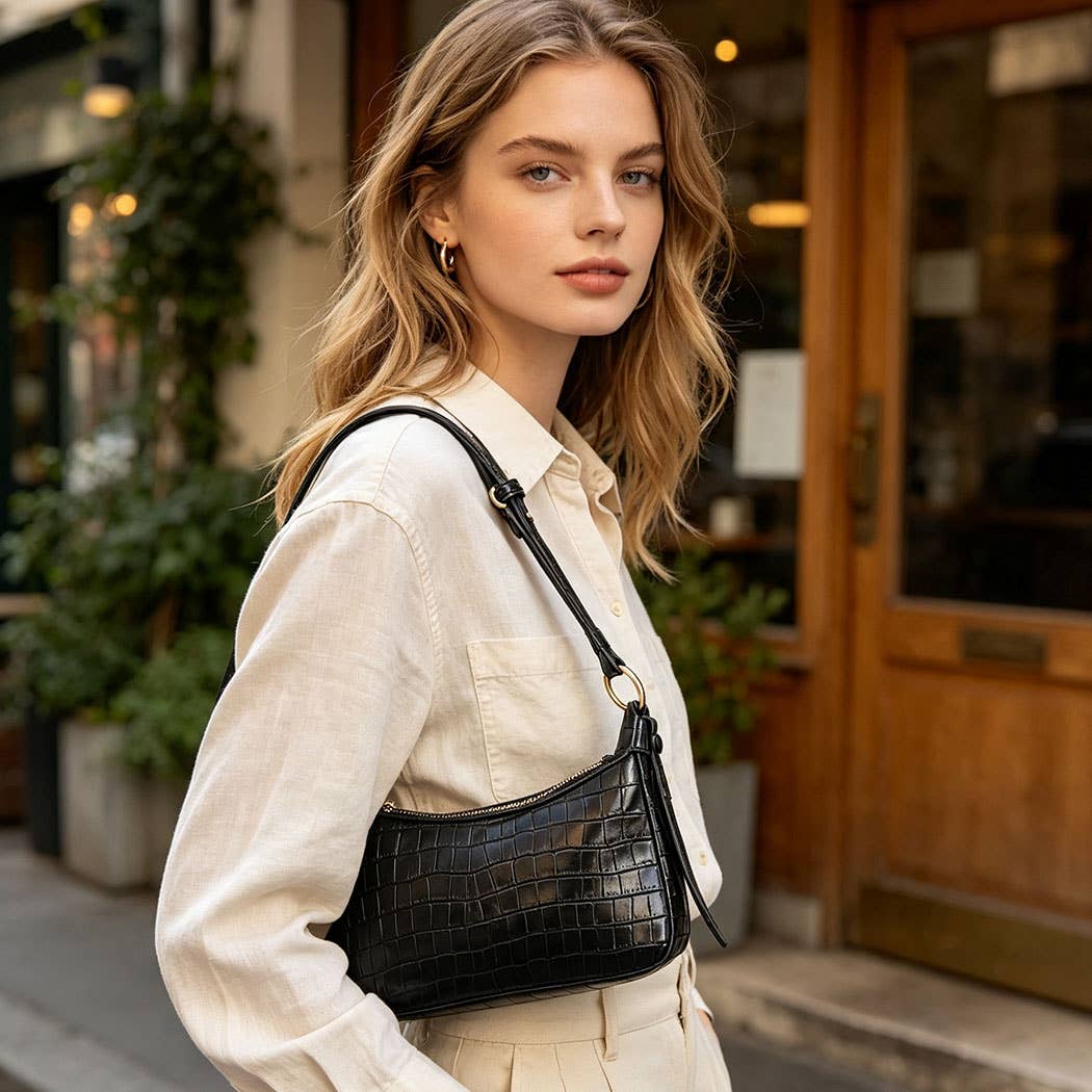 Nadine Croc-Embossed Faux Leather Shoulder Bag: Chocolate Brown