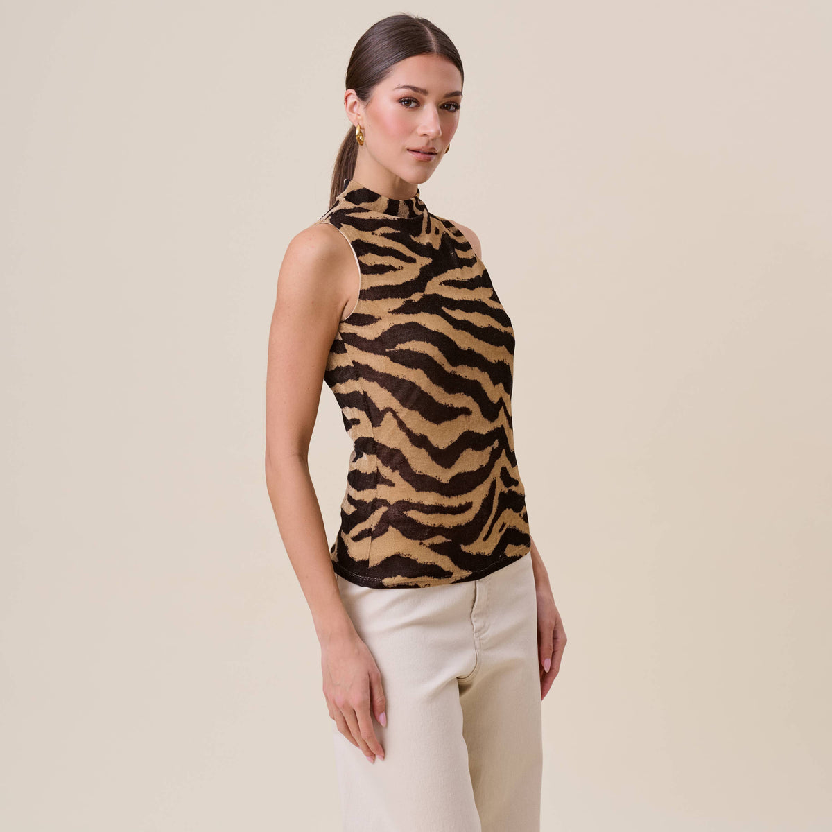 Zadie Sleeveless Mock Neck Zebra Print Top: Taupe & Black