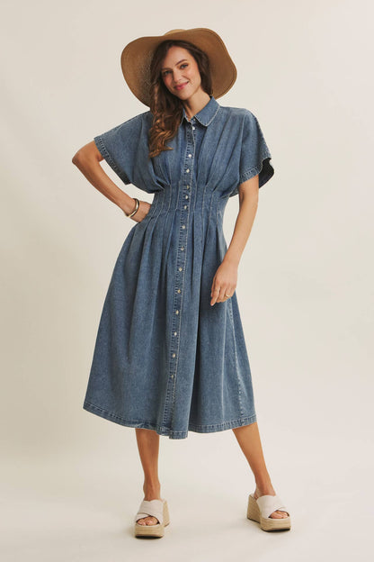 Caroline Stretchy Mineral-Washed Button-Down Pleated Denim Midi Dress: Light Wash