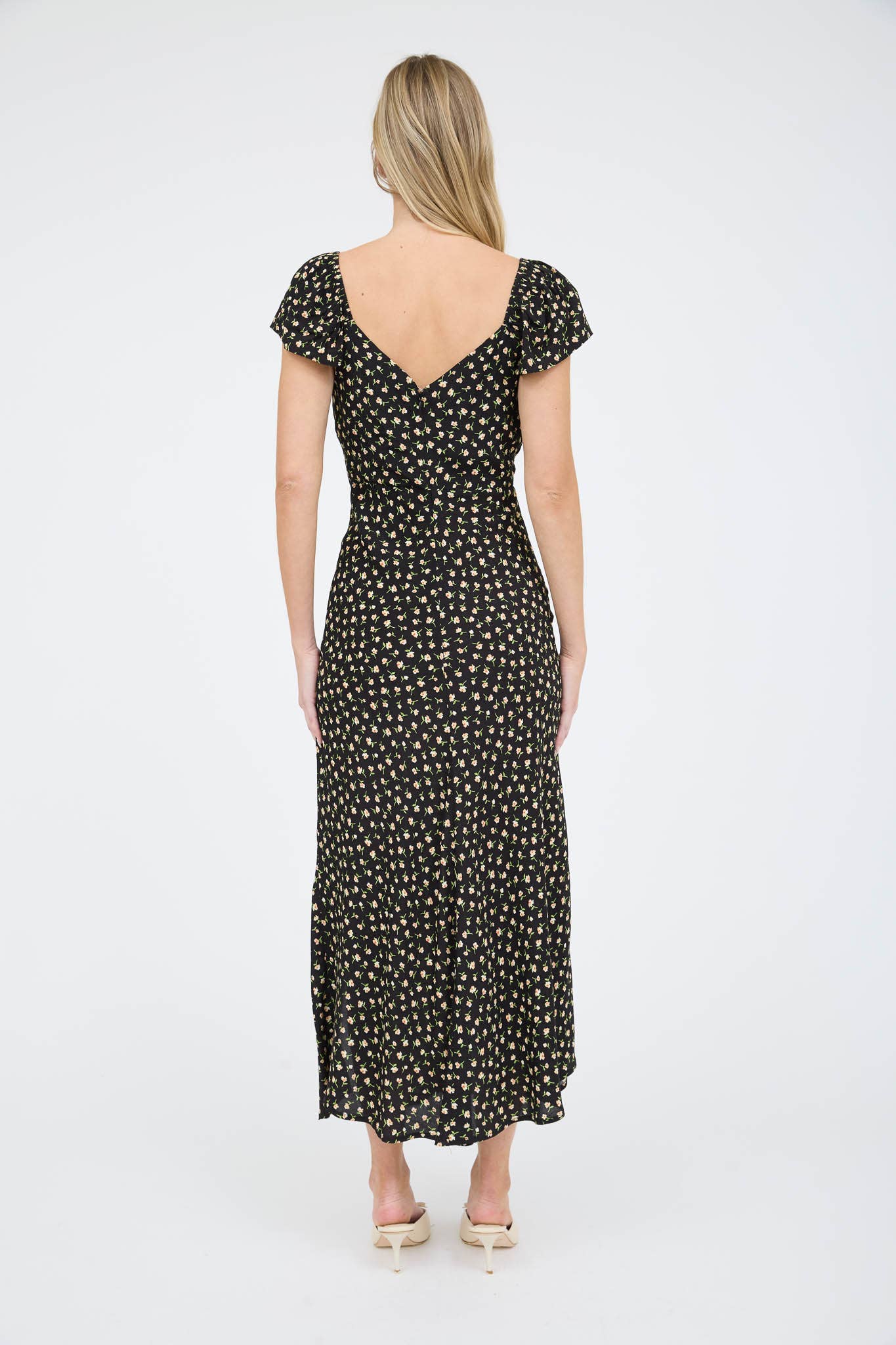 FLORAL SHORT SLEEVE SIDE SLIT MIDI DRESS: BLACK
