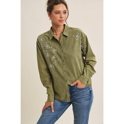 Rusting Elegance Mineral-Washed Embroidered Cotton Top: Olive