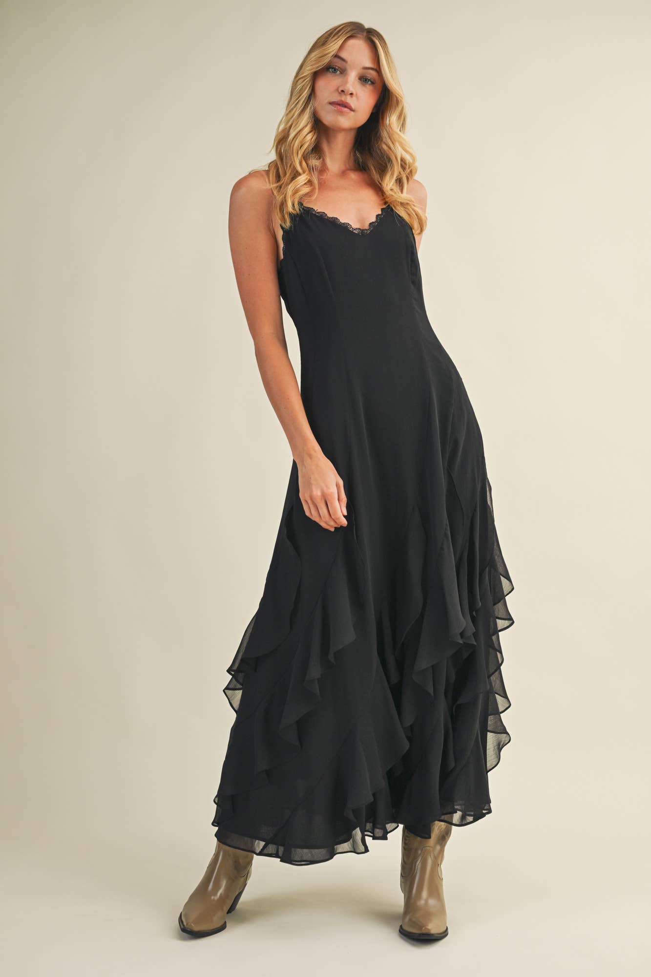 Lace V-Neck Cascading Ruffle Dress: Black / S