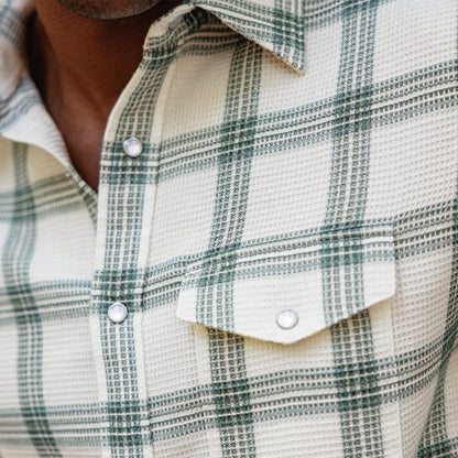 Criquet Waffle Plaid Pearl Snap: Cream Green Plaid