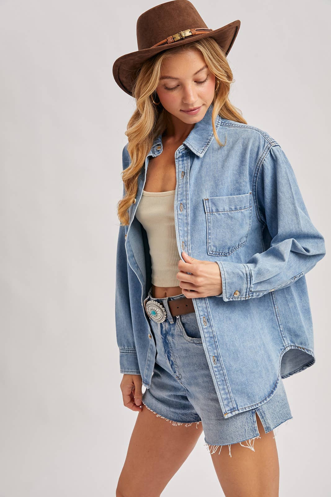 DENIM BUTTON DOWN OVERSIZED SHIRTS: LT.WASH