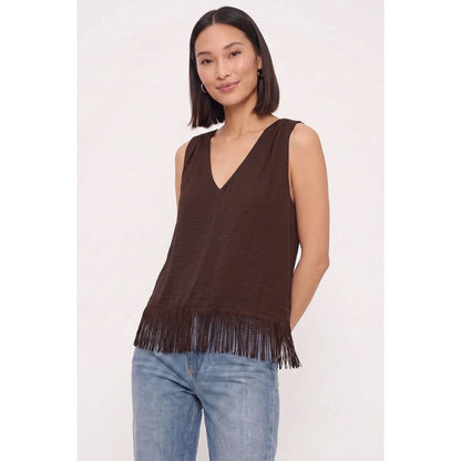 Lena V-Neck Sleeveless Satin Fringe-Hem Top: Chocolate