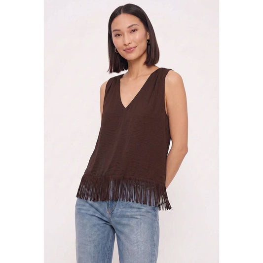 Lena V-Neck Sleeveless Satin Fringe-Hem Top: Chocolate