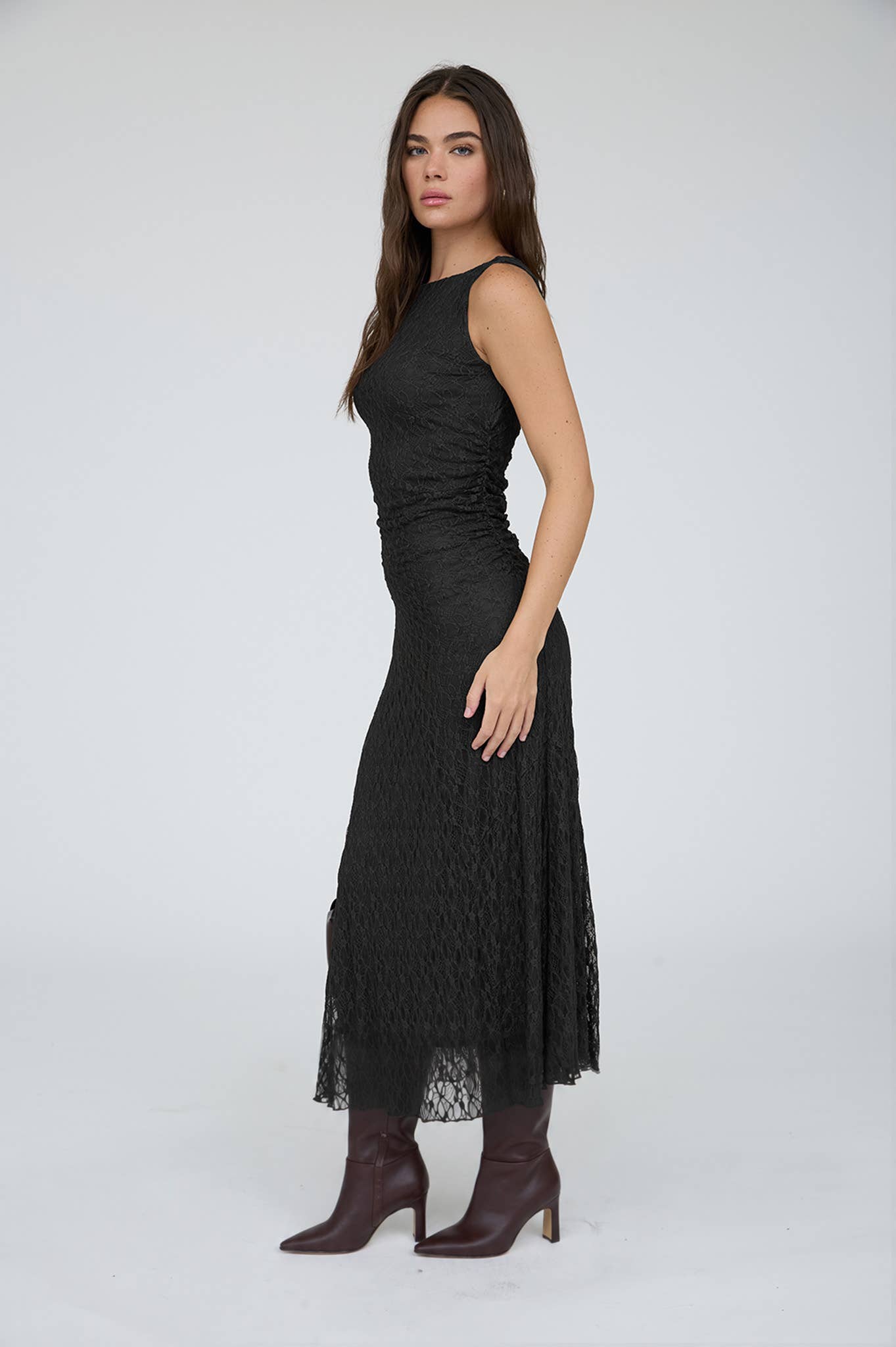 LACE RUCHED DETAIL TANK MIDI DRESS : DARK BROWN
