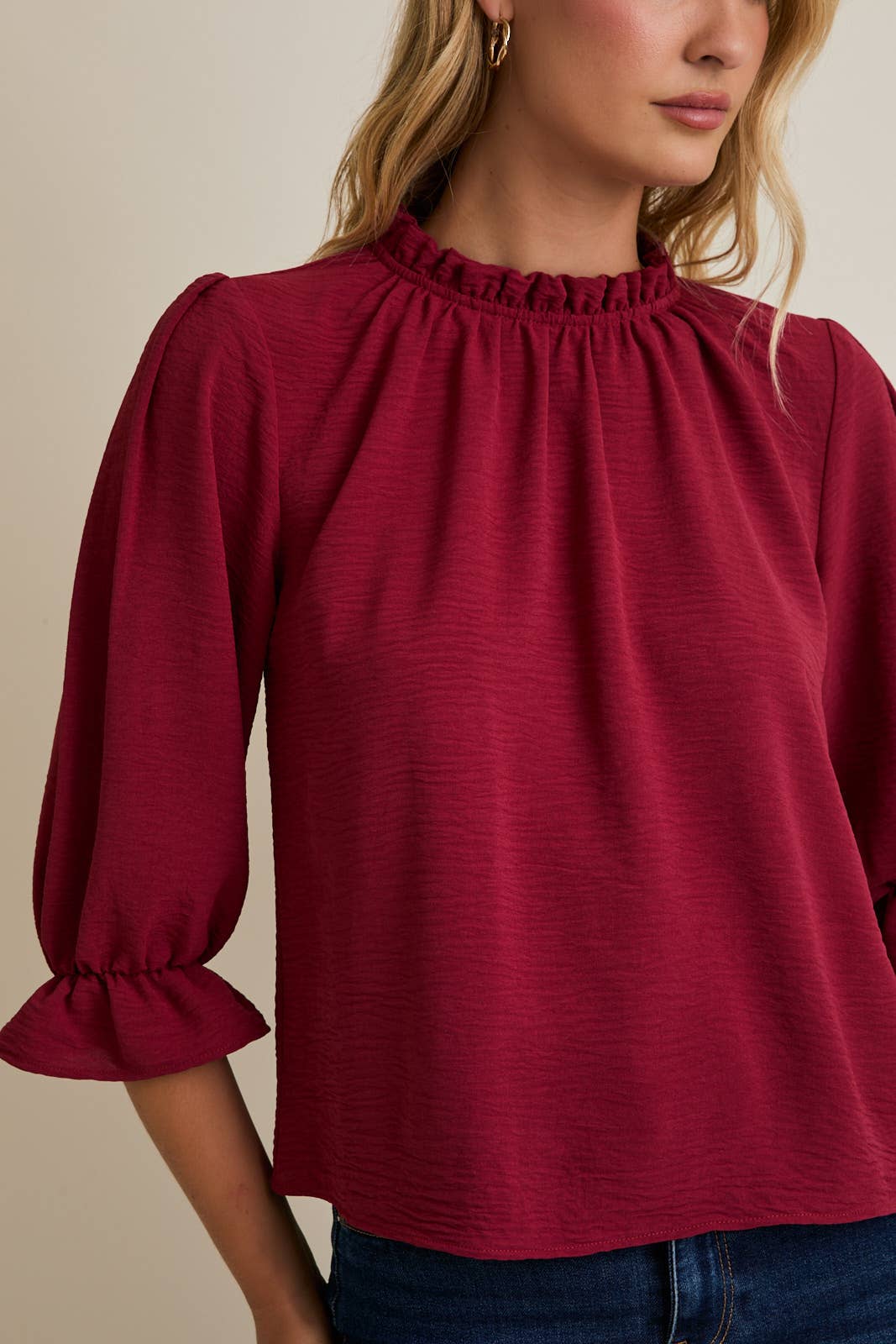 Merlot Ruffle Mick Neck 3/4 Sleeve Top: Red