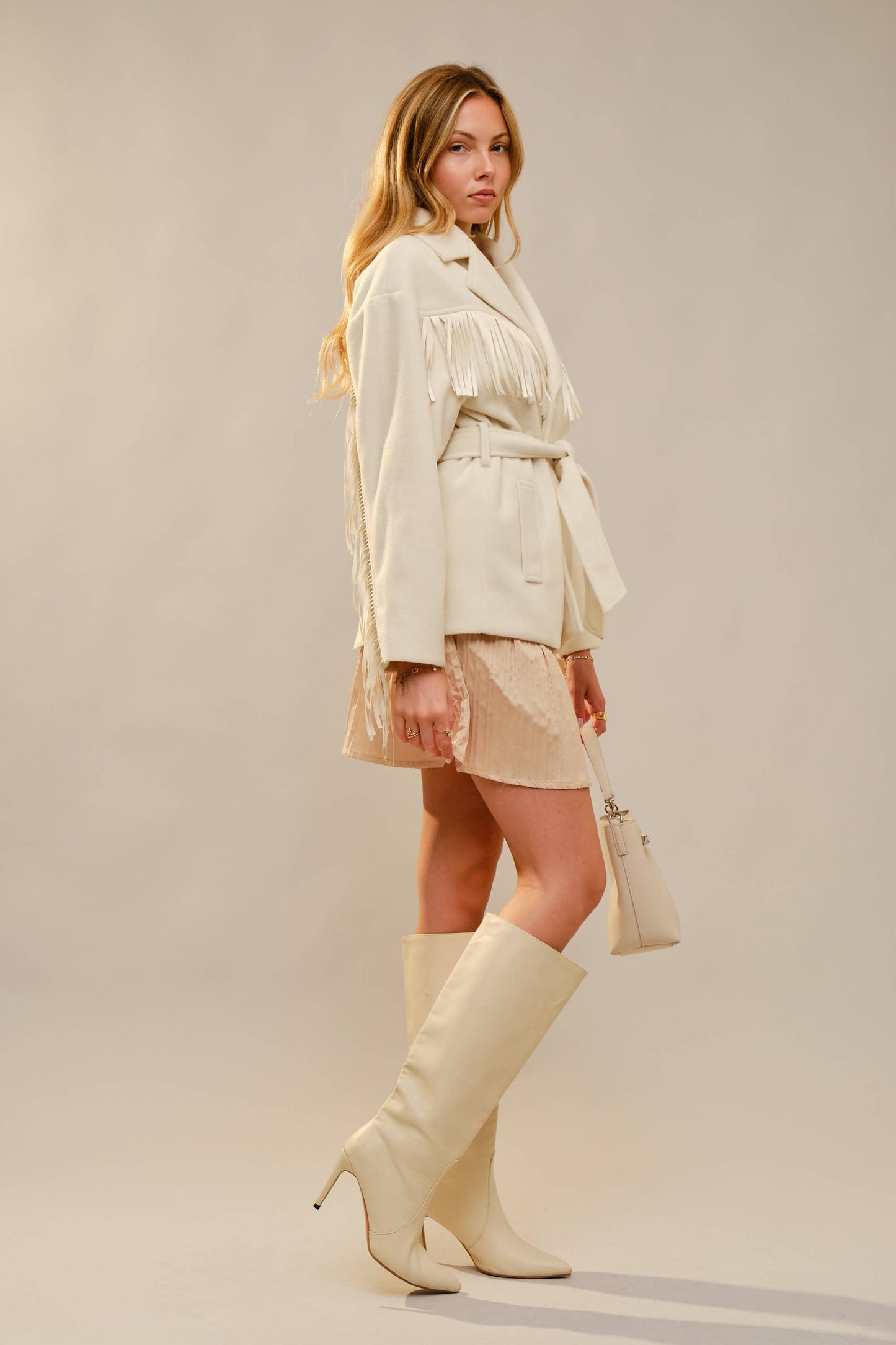 Westward Self Tie Belted Fringe Jacket: CREAM