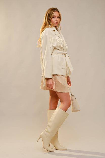 Westward Self Tie Belted Fringe Jacket: CREAM