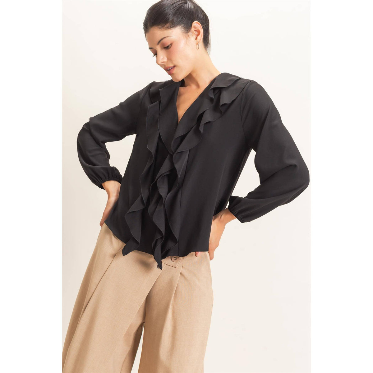 Ruffled V-Neck Button-Up Blouse: TEAL / S-M-L(2-2-2)