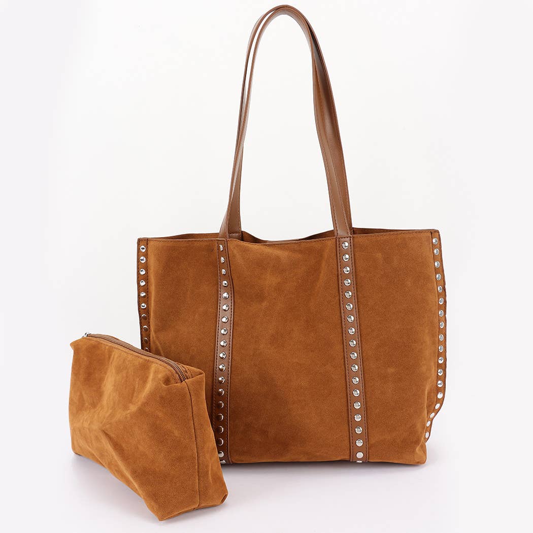 Imogen Studded Faux Suede Tote Bag: Camel
