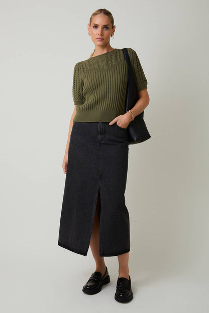 Cypress Short Sleeve Cable Sweater: Olive