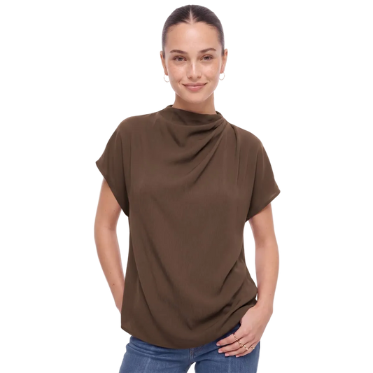 Annelise Draped Mock Neck Short Sleeve Satin Blouse: Dark Brown