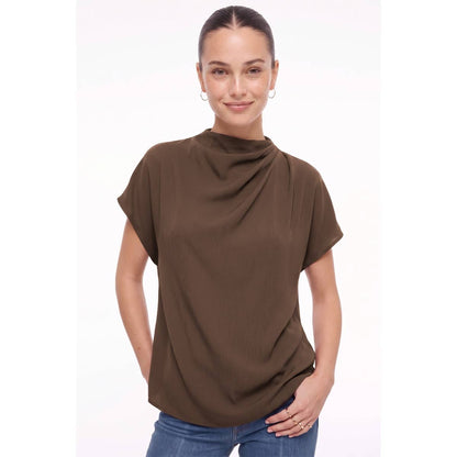 Annelise Draped Mock Neck Short Sleeve Satin Blouse: Dark Brown