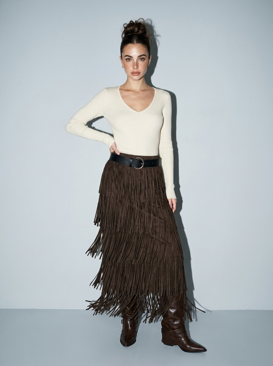 Pleated knit Fringe Layered Skirt with Belt : BROWN / S