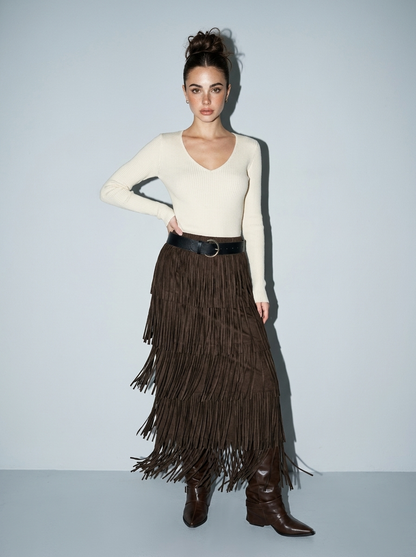 Pleated knit Fringe Layered Skirt with Belt : BROWN / S