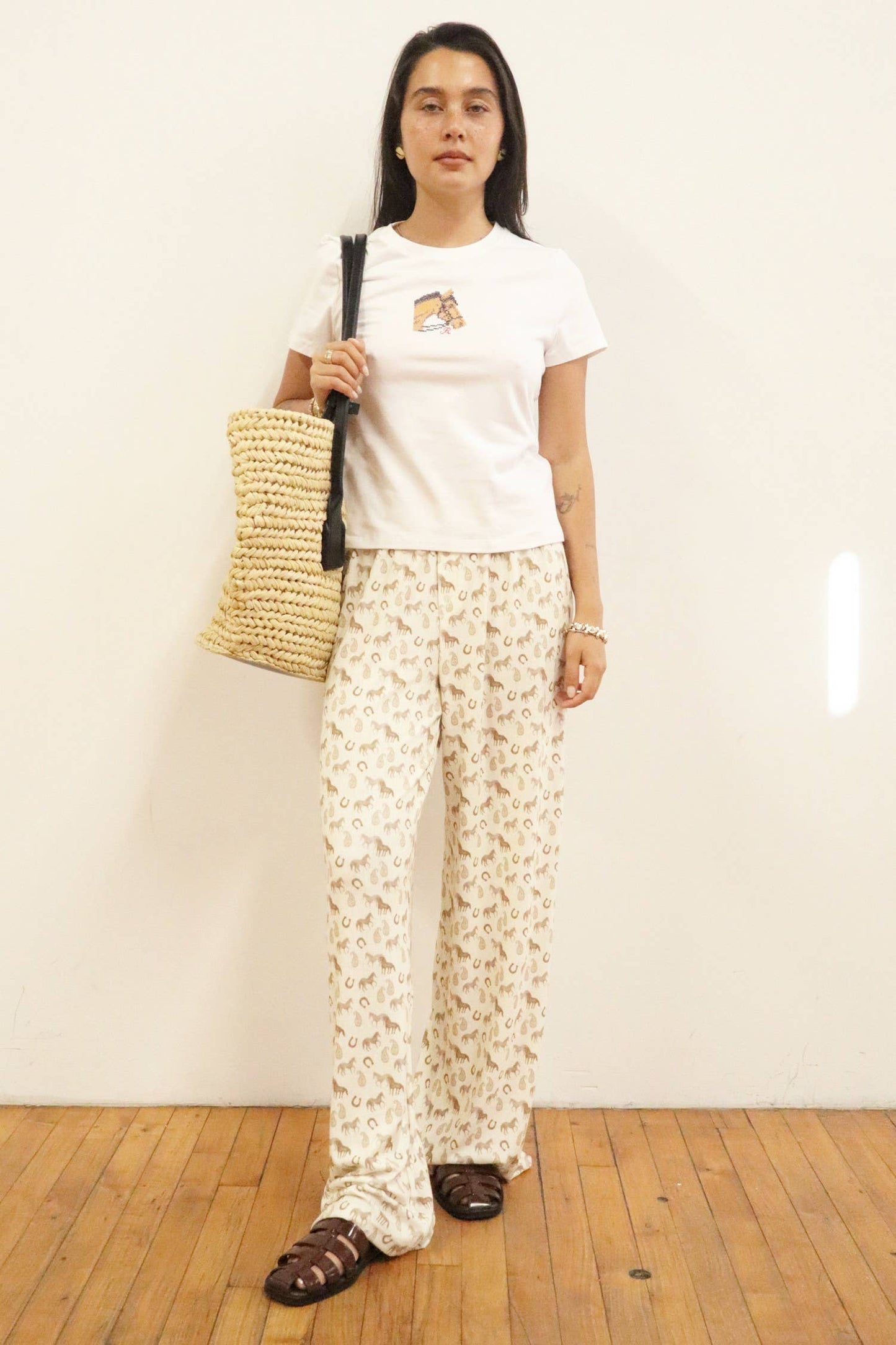 Horse Embroidered Baby Tee: Off White / S