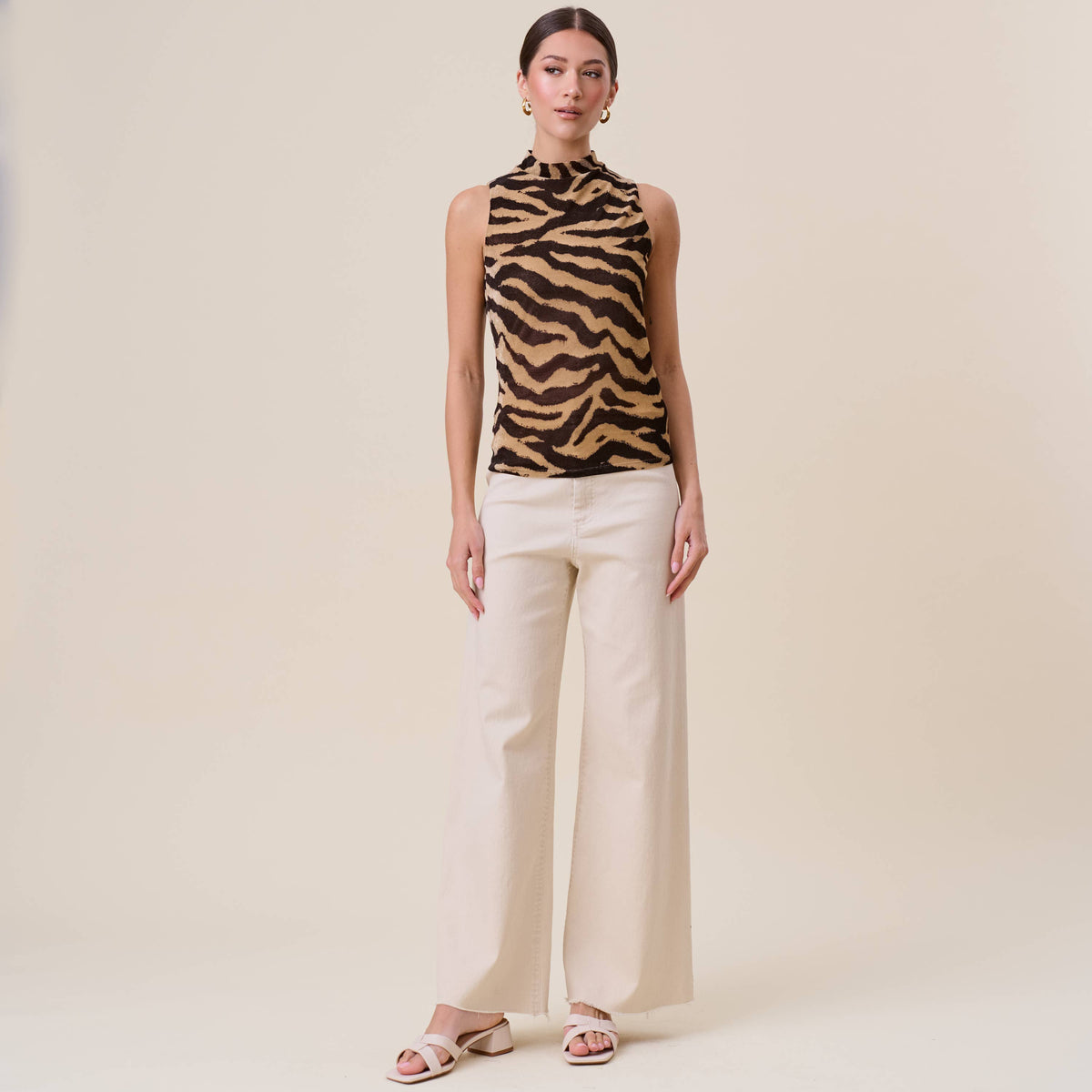 Zadie Sleeveless Mock Neck Zebra Print Top: Taupe & Black