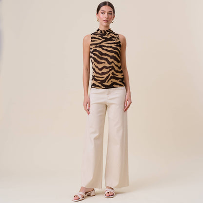 Zadie Sleeveless Mock Neck Zebra Print Top: Taupe & Black