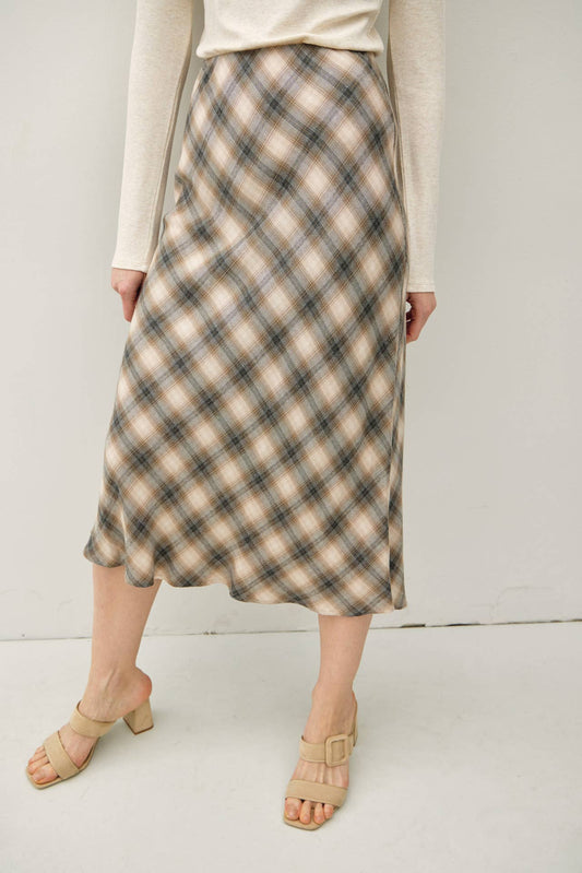 Marnie Tartan Plaid Flowy Midi Skirt: Charcoal
