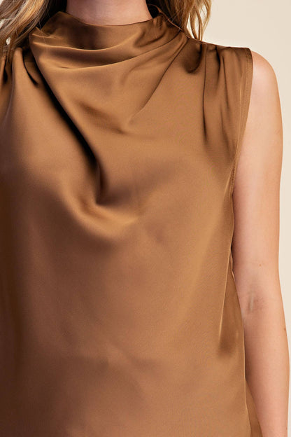 Esme Draped Mock Neck Sleeveless Satin Top: Mocha
