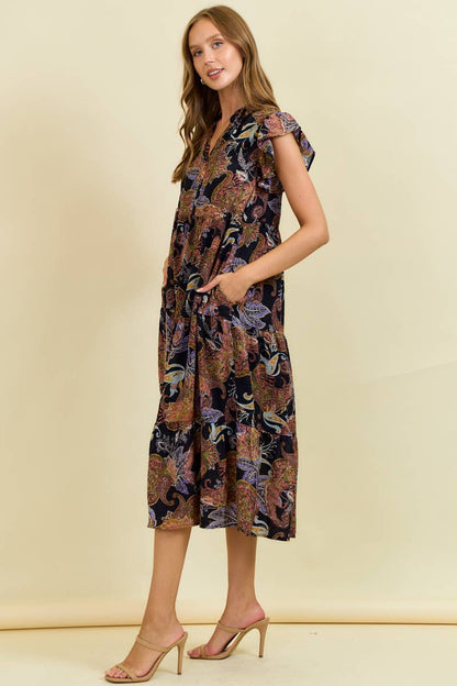 Phoenix Paisley Spit Neck Tiered Midi Dress: Black Spice