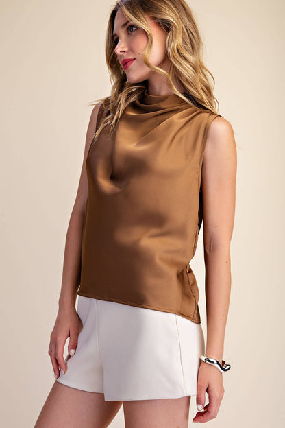 Esme Draped Mock Neck Sleeveless Satin Top: Mocha