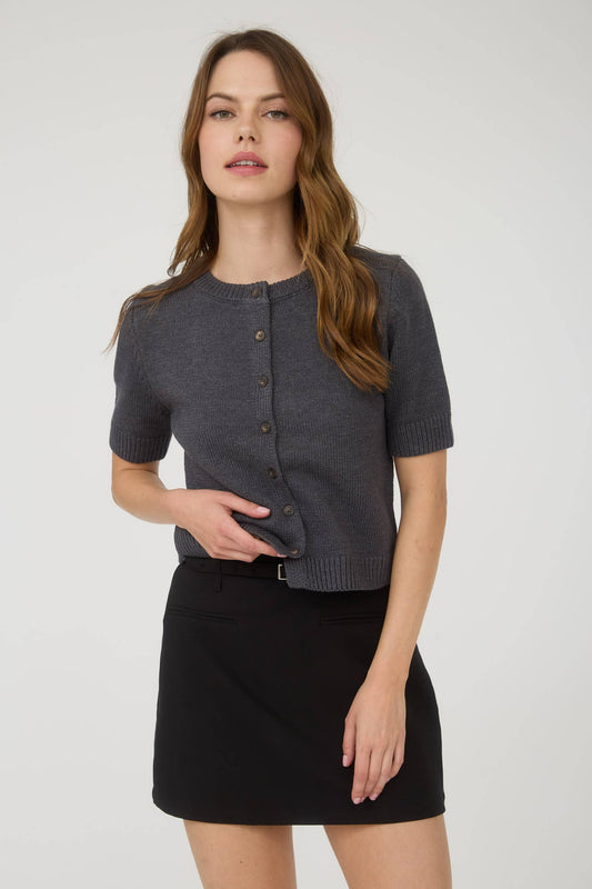 Allison Short Sleeve Knit Cardigan Top: Dark Grey