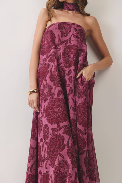 Serena Strapless Floral Scarf Maxi Dress: Burgundy