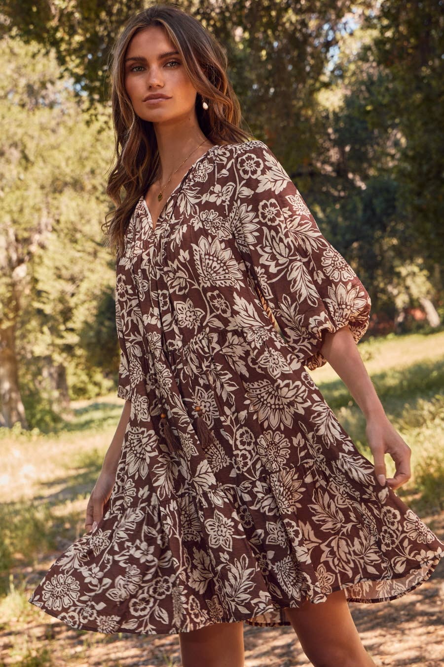 Noa Boho Printed Baby Doll Mini Dress: Mocha Wave