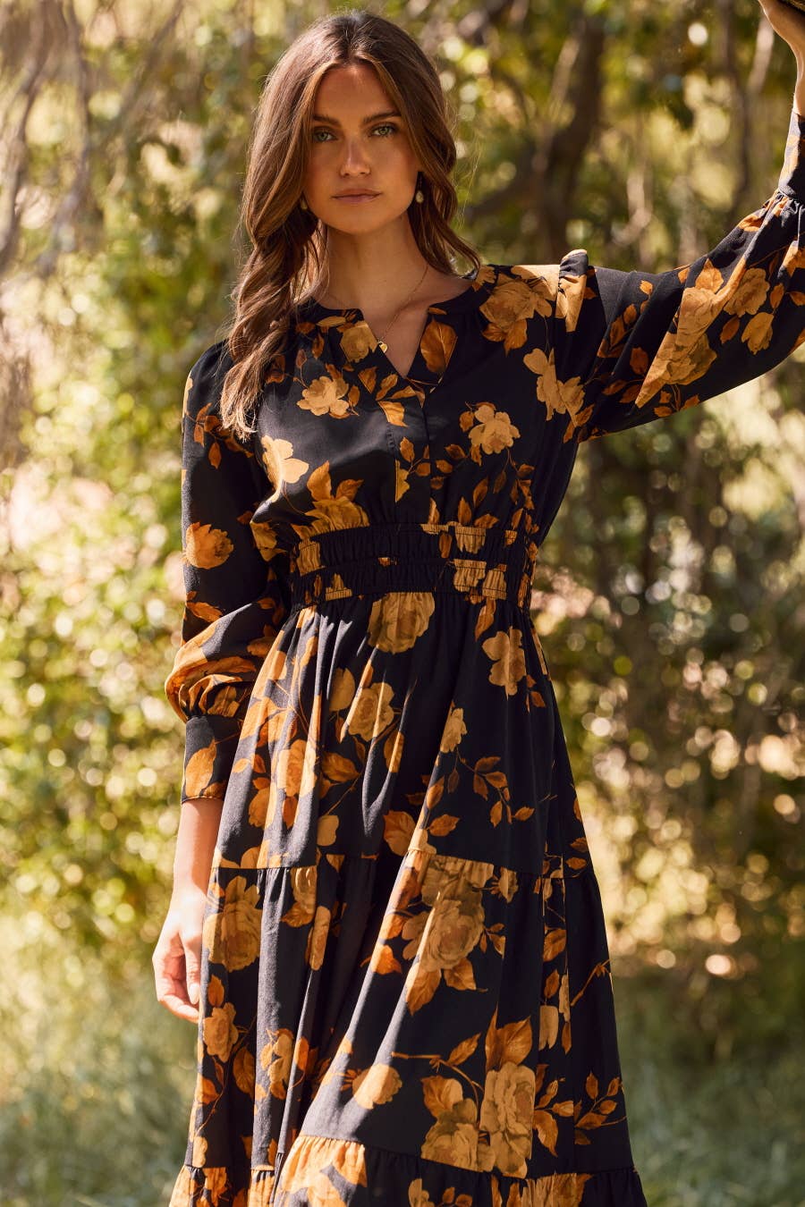 Rusty Rose Floral Printed Tiered Maxi Dress: Black Multi